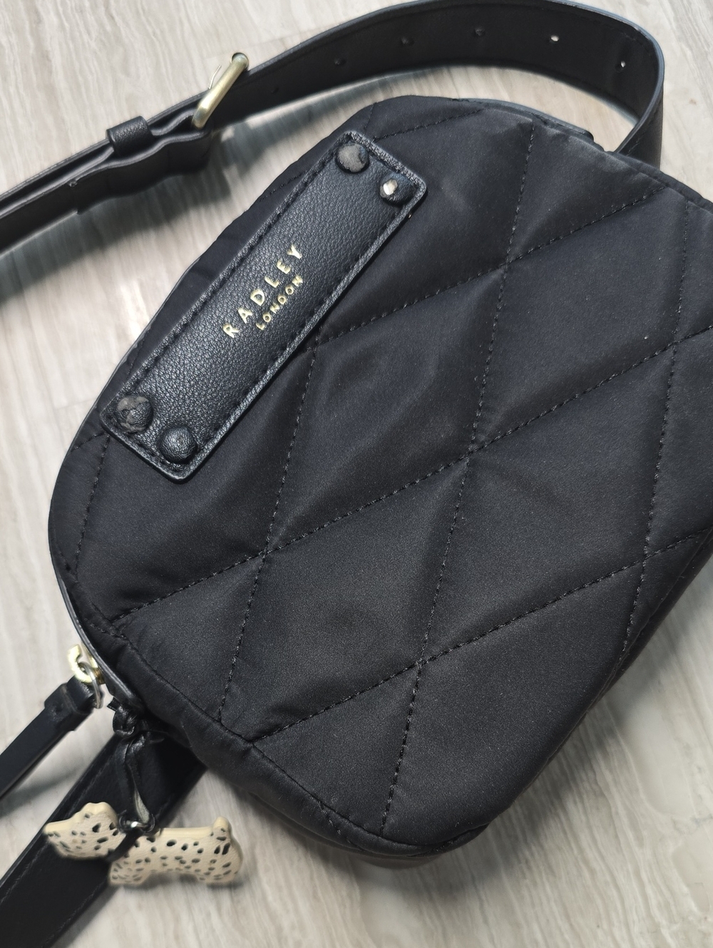 RADLEY LONDON Black Quilted Crossbody Belt Bag with Dog Charm